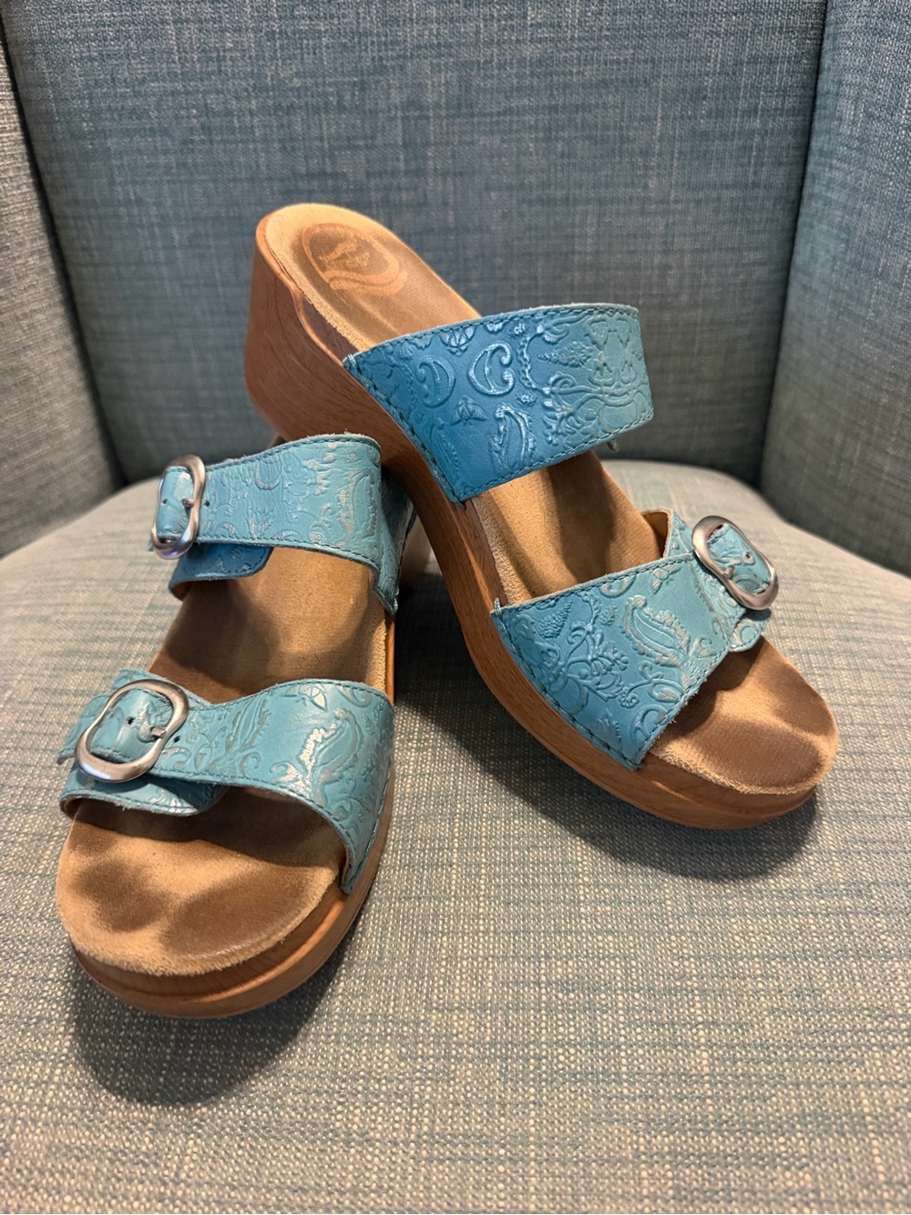 Dansko Sophie Women's Turquoise Embossed Double-Buckle Wedge Sandals